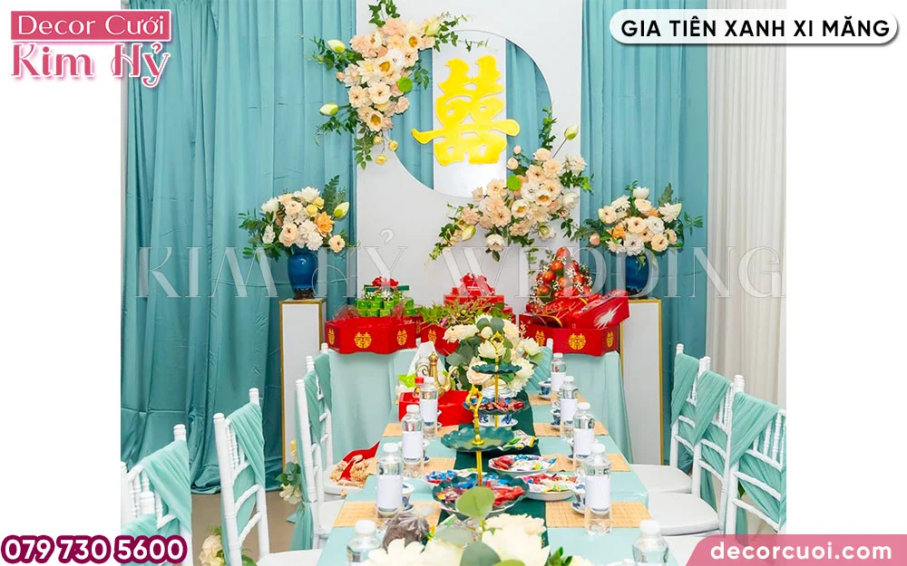 Trang trí gia tiên chữ Hỷ với tông màu xanh xi măng