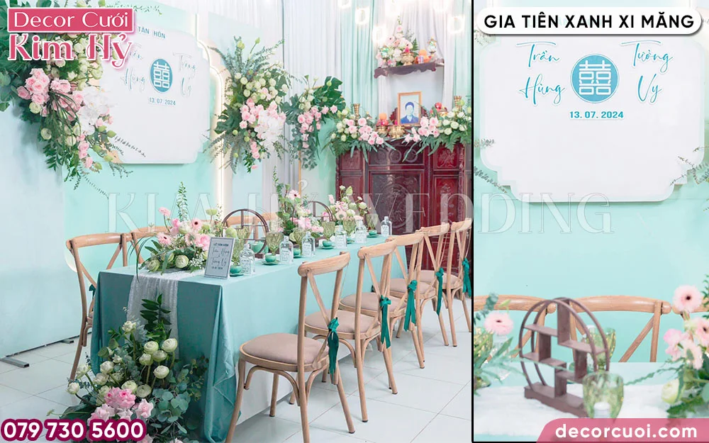 Gia tiên trang trí có bảng tên xanh xi măng thiết kế đẹp