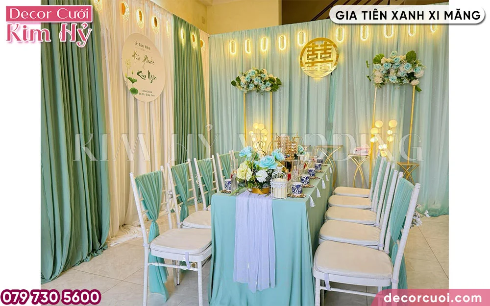 Không gian lễ gia tiên trang trí màu xanh xi măng