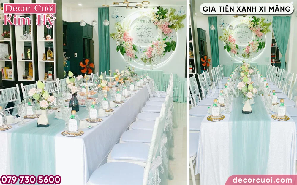 Mẫu trang trí gia tiên xanh xi măng cho lễ đính hôn
