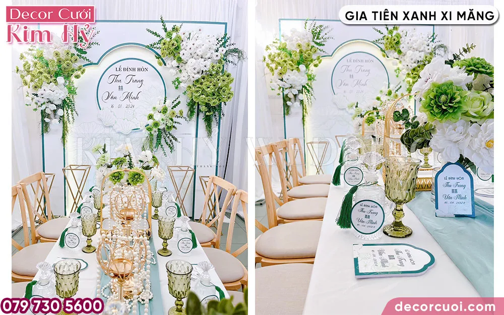 Trang trí backdrop gia tiên xanh xi măng khung formet đẹp mắt