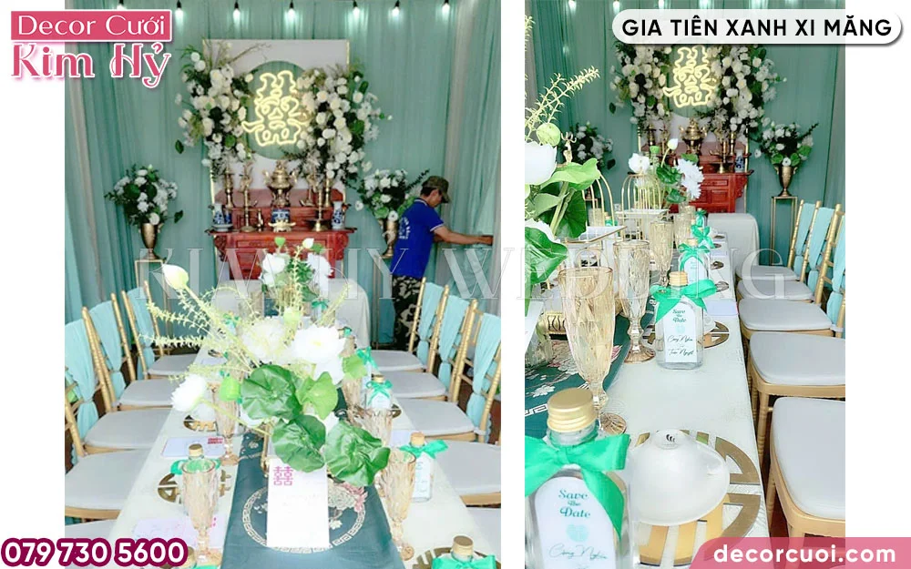 Không gian vu quy đẹp mắt với gia tiên tone xanh xi măng