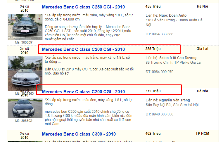 giá xe mercedes cũ 2010