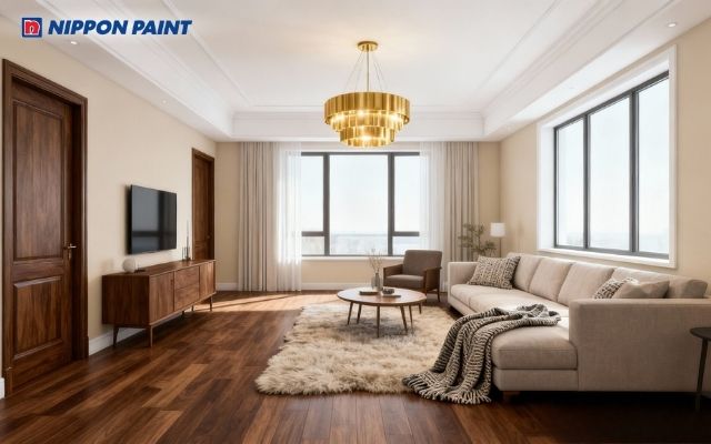 Phòng khách sơn màu nâu đất ấm cúng, tạo cảm giác vững chãi, thu hút tài lộc