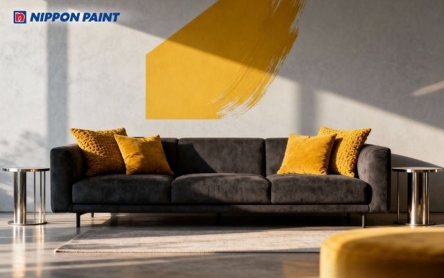 Phối màu xám nhạt với điểm nhấn vàng mustard nhẹ, tạo không gian trẻ trung, hiện đại