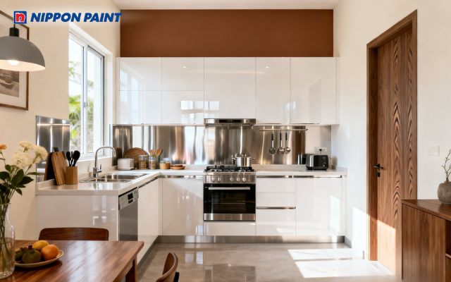 Phòng bếp sơn màu trắng ngà, nhấn nâu cà phê sữa hài hoà Thổ sinh Kim, chiêu tài lộc