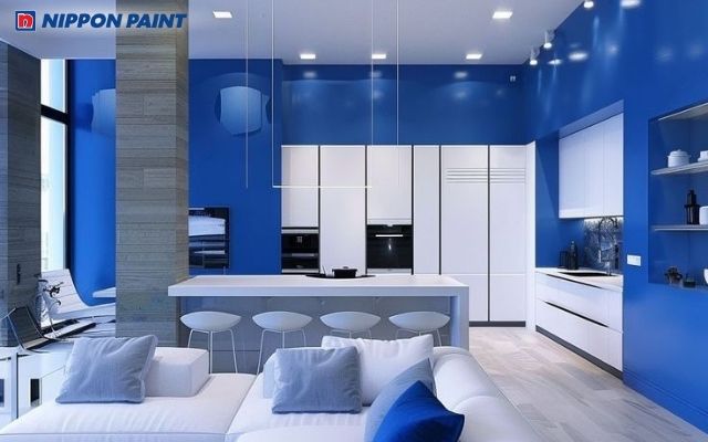 Phòng khách xanh dương tô điểm trắng hiện đại