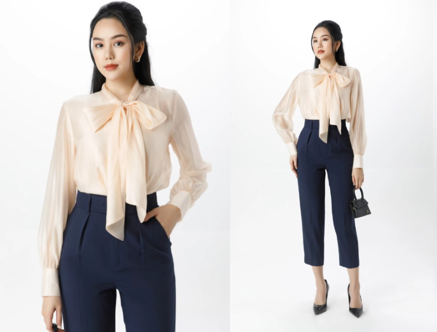 Áo sơ mi nơ bản to màu ghi thích hợp dành cho các cô nàng tuổi mão