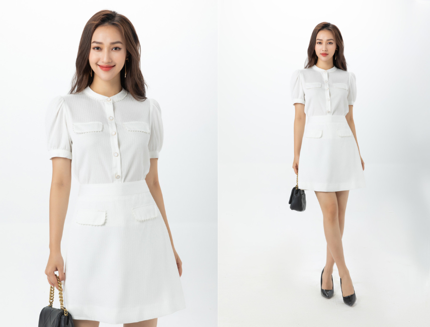 Set lụa dập phối ngọc trai màu trắng cực sang cho cô nàng tuổi mão