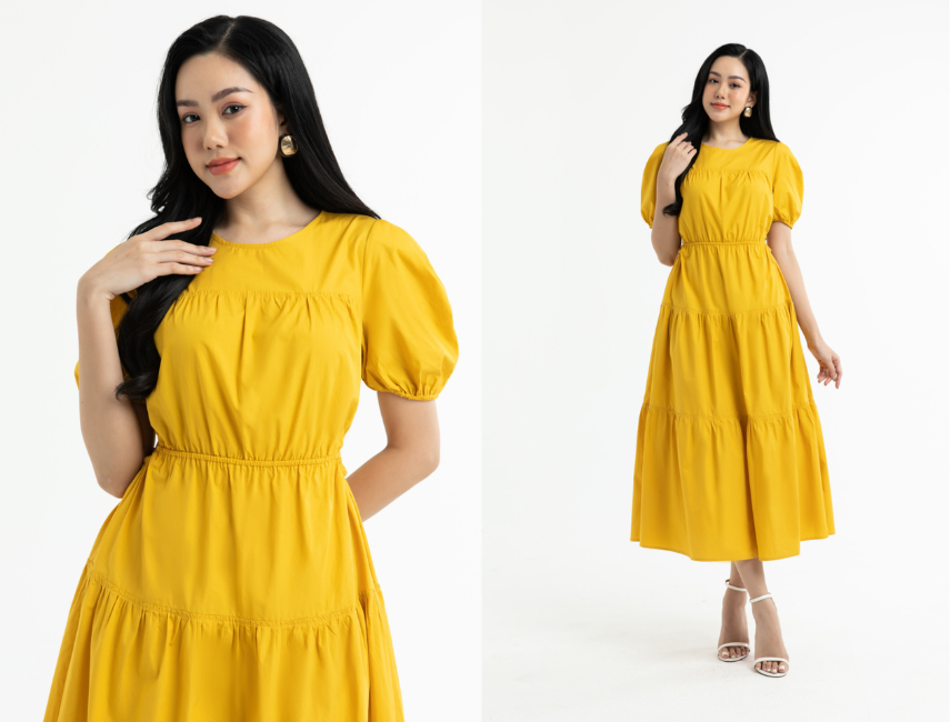 Đầm maxi eo cut out màu vàng hợp phong thủy người tuổi mão mệnh thổ