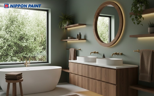Tone màu xanh lục trầm kết hợp với nâu gỗ dành cho phòng cách sang trọng, tối giản