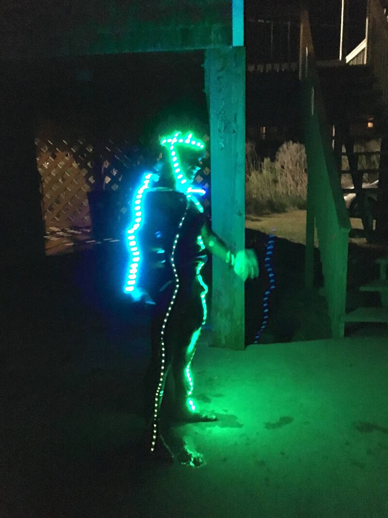 Me in an LED light suit, I windsurfed in it at night, it was pitch black and I was blinded by the lights on my forearms. Good times! Photo by Makani Fins.