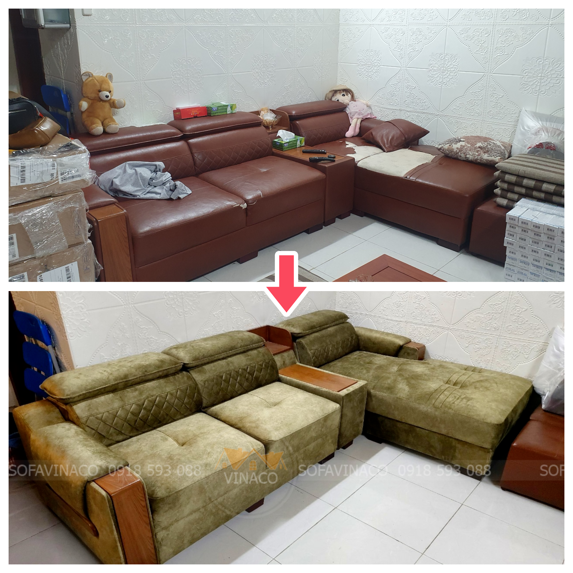Bộ ghế sau khi bọc lại nhung tại nhà khách hàng