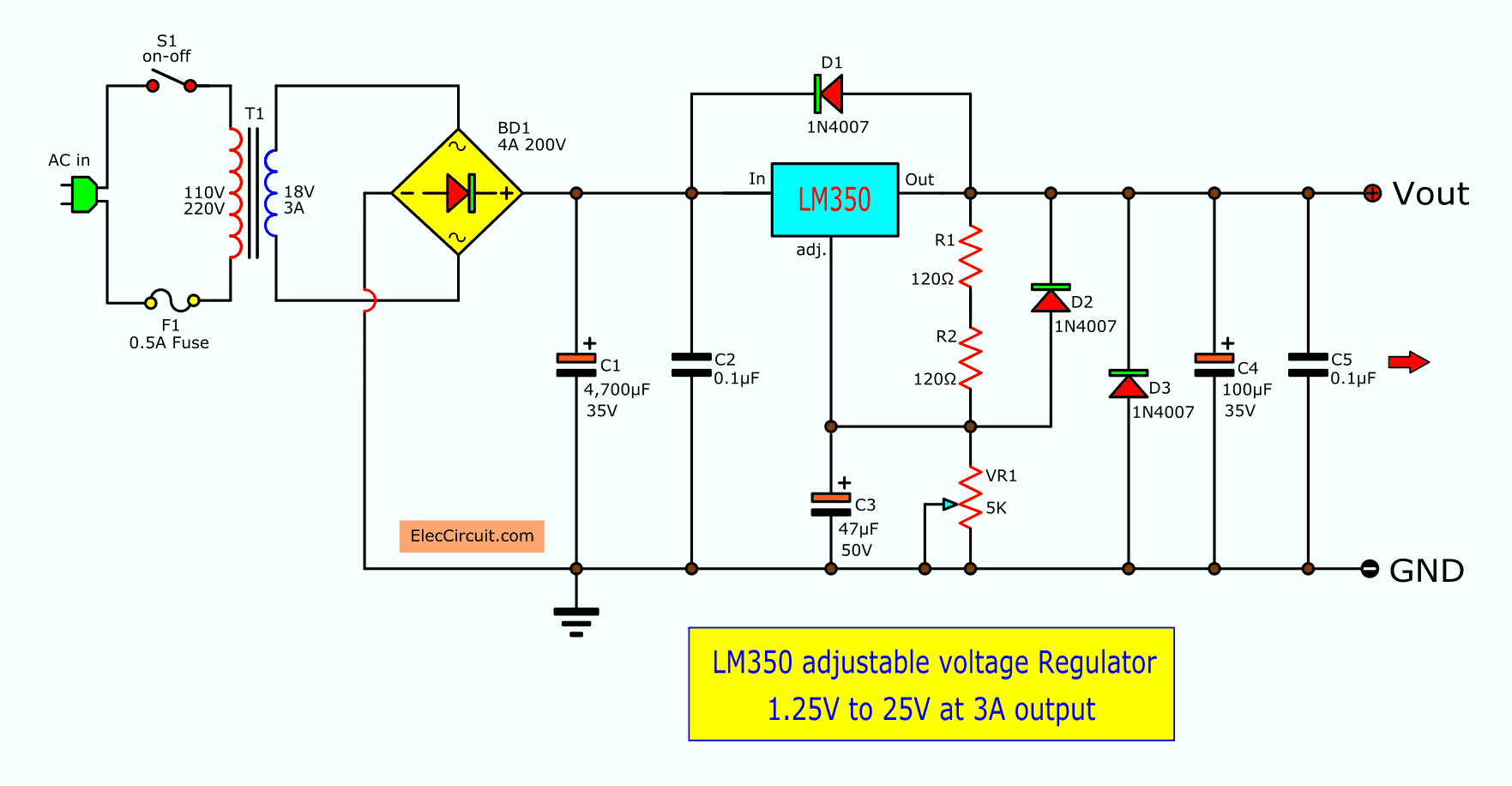 Component layout perforated PCB LM350 regulator