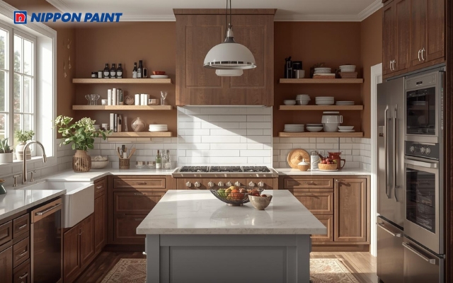 Nâu đất kết hợp trắng sứ, tạo sự cân bằng giữa ấm cúng và tinh tế