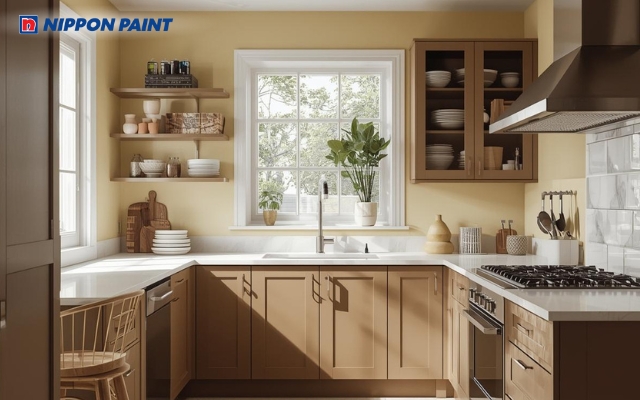 Nâu đất nhạt kết hợp vàng nhạt, giúp không gian bếp thêm ổn định và sung túc