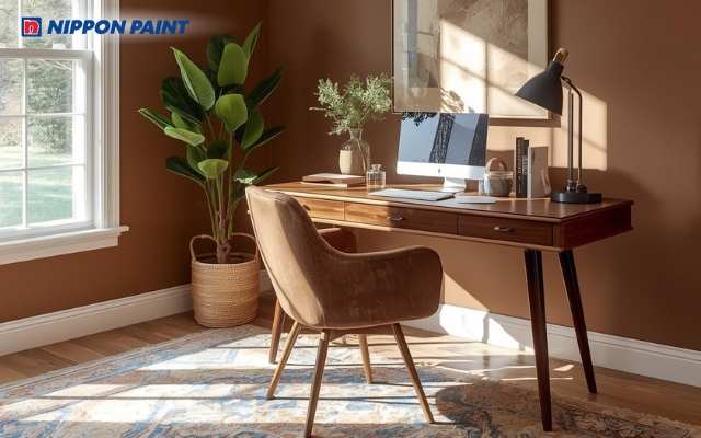 Xám trung tính kết hợp nâu đất nhạt, tăng cảm giác ổn định và tin cậy