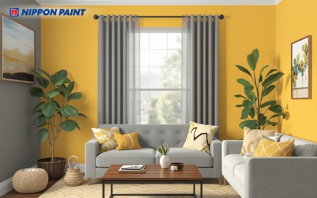Vàng nhạt phối xám sáng, mang đến nét hiện đại nhưng vẫn ấm áp