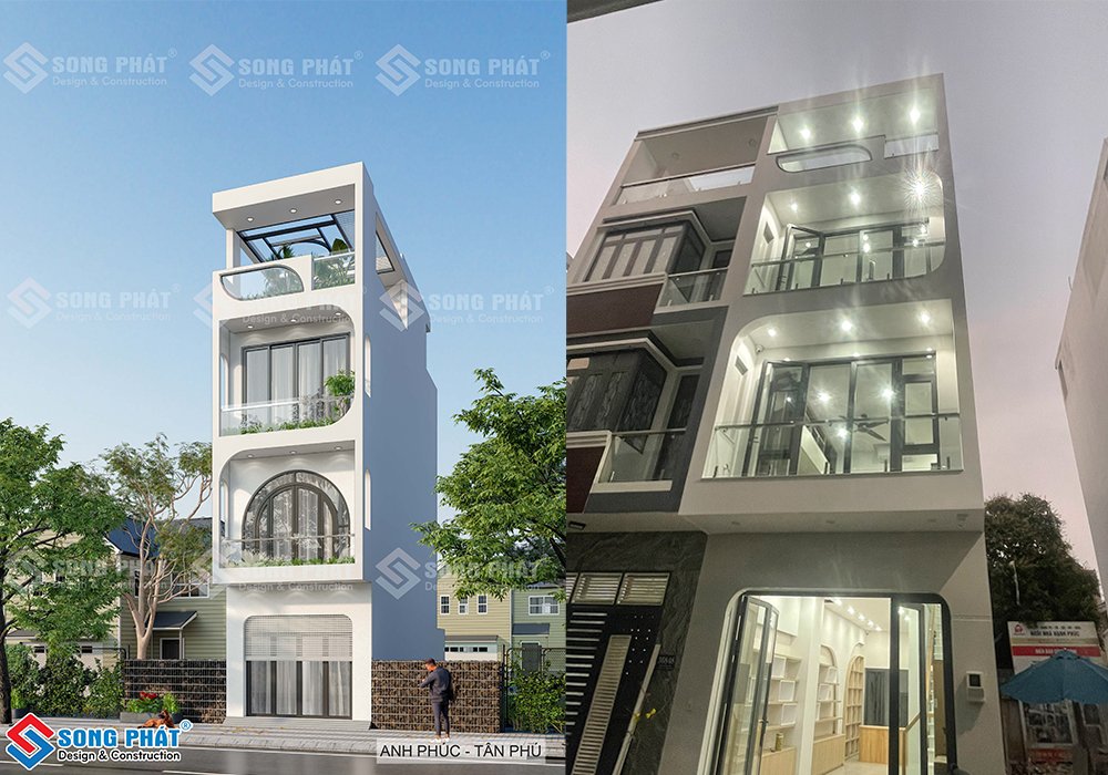 Nhà trệt lửng 2 lầu sân thượng 4x17m với thiết kế mặt tiền kiên cố, vững chãi.