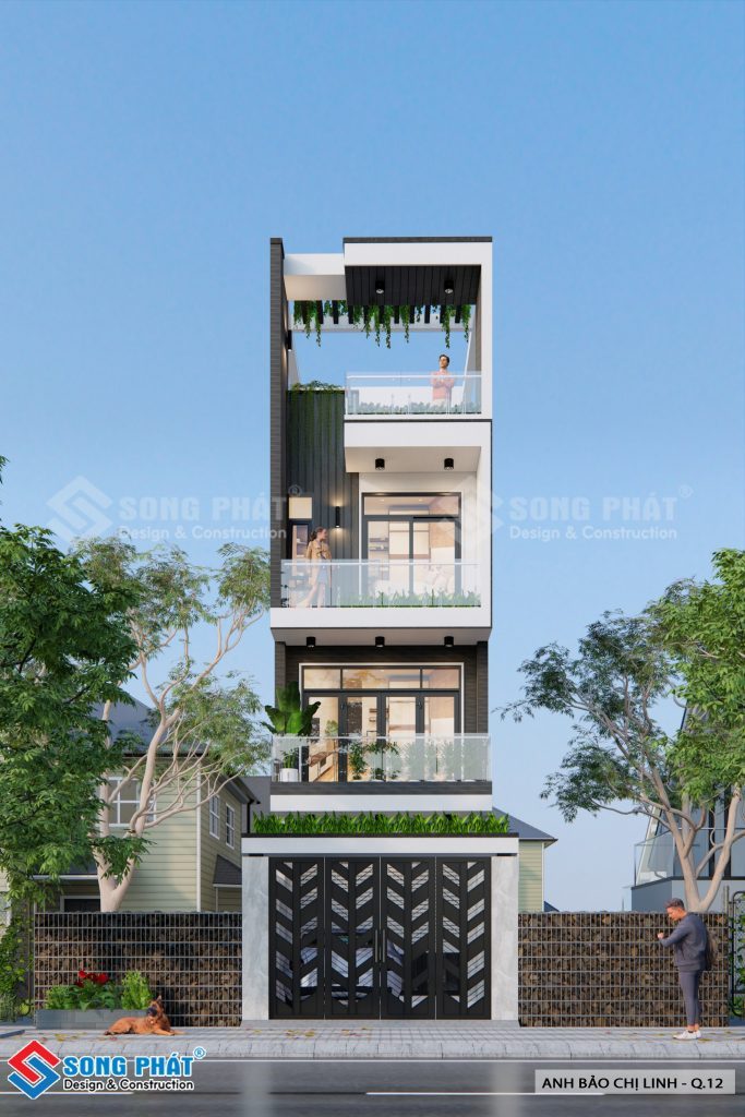 Mặt tiền nhà 4m tone xanh trắng sang trọng