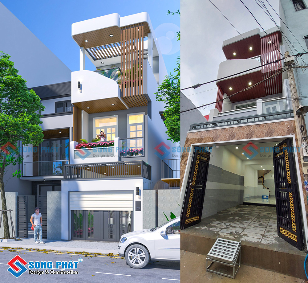 Nhà 1 trệt 1 lầu sân thượng với thiết kế lam che gỗ hiện đại.
