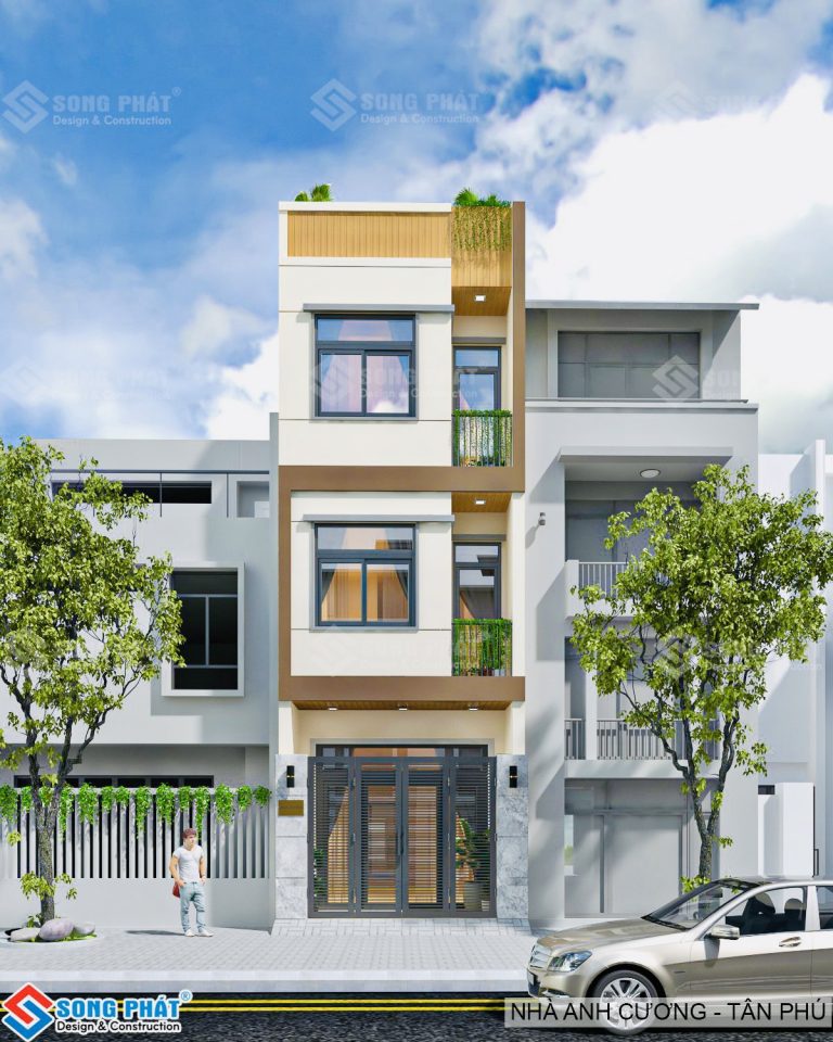 Nhà 4x14m trệt 2 lầu sân thượng hình khối đối xứng sơn tường bo vuông theo góc nhà.