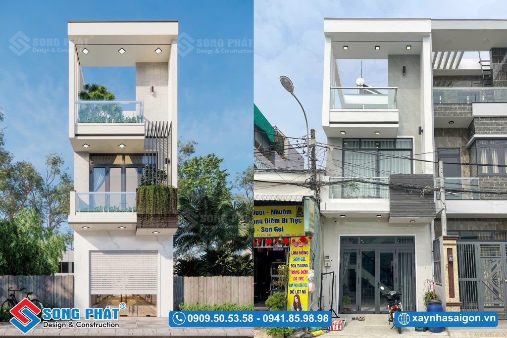 Mẫu nhà 3 tầng 4m hiện đại snag trọng trên tone trắng xám