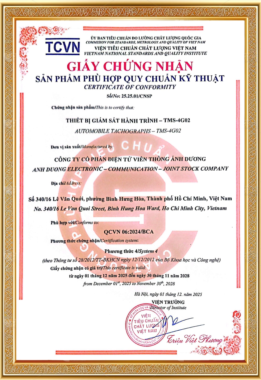 Giấy chứng nhận hợp chuẩn QCVN 06:2024/BCA của thiết bị TMS-4G02