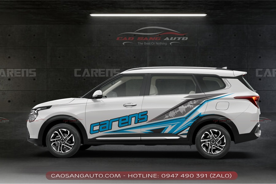 Tem sườn xe Kia Carens trắng xanh