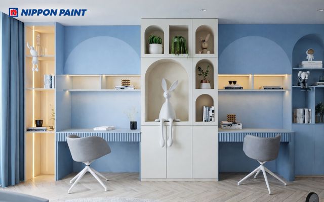 Phòng học tông xanh nhẹ nhàng, mang lại cảm giác yên tĩnh và tập trung
