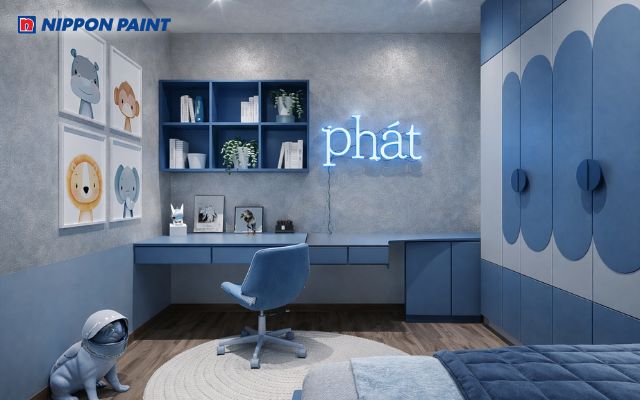 Gam xanh kết hợp nội thất đồng màu tạo không gian học tập hài hòa và hiện đại