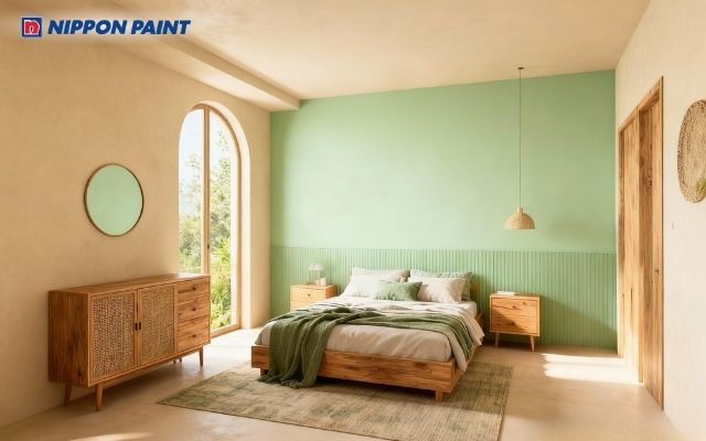 Xanh lá olive kết hợp be, mang lại sự yên bình cho giấc ngủ