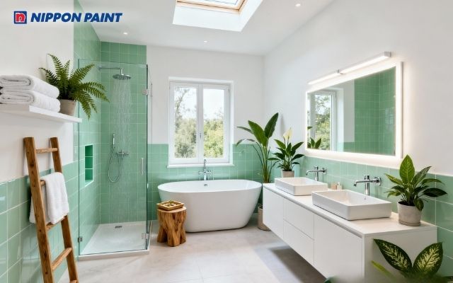 Phòng tắm xanh mint tươi mát, sạch sẽ và thoáng đãng