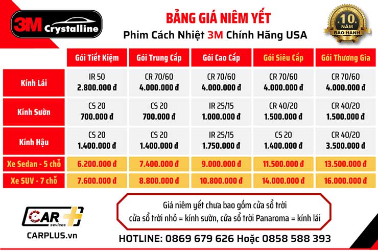 Bảng giá phim cách nhiệt 3M cho xe Chevrolet Spark
