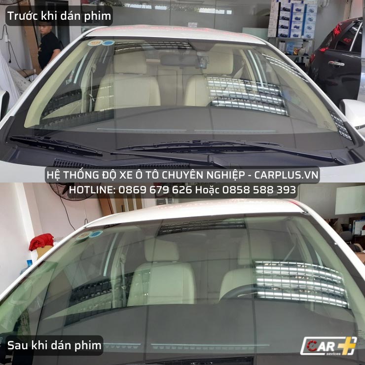 Kính lái xe trước và sau khi dán phim cách nhiệt