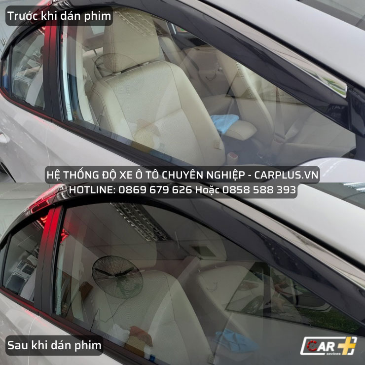 Kính sườn xe trước và sau khi dán phim cách nhiệt